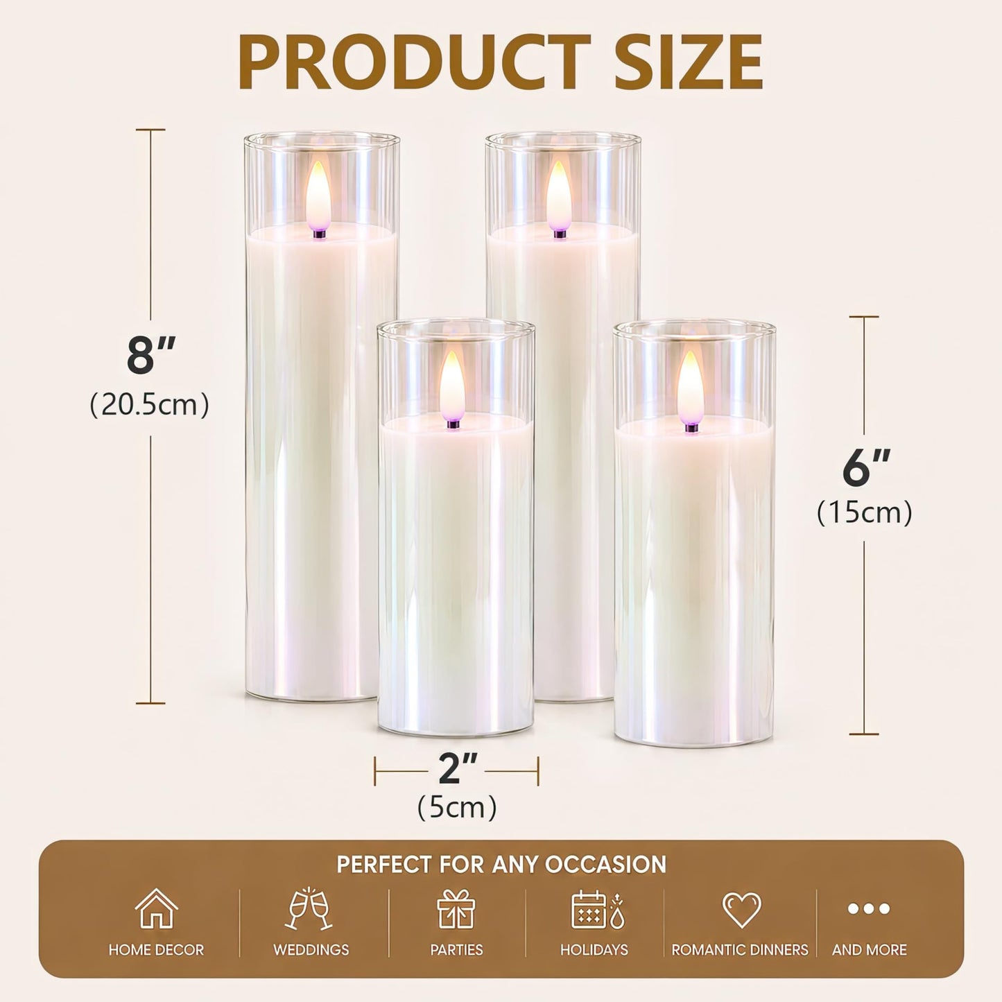 Rhytsing Glass Battery Operated LED Candles, White Slim Flameless Candles with Remote, Warm White Light, 8 Batteries Included - D 2‘’ - Set of 4 (Pearlescent)