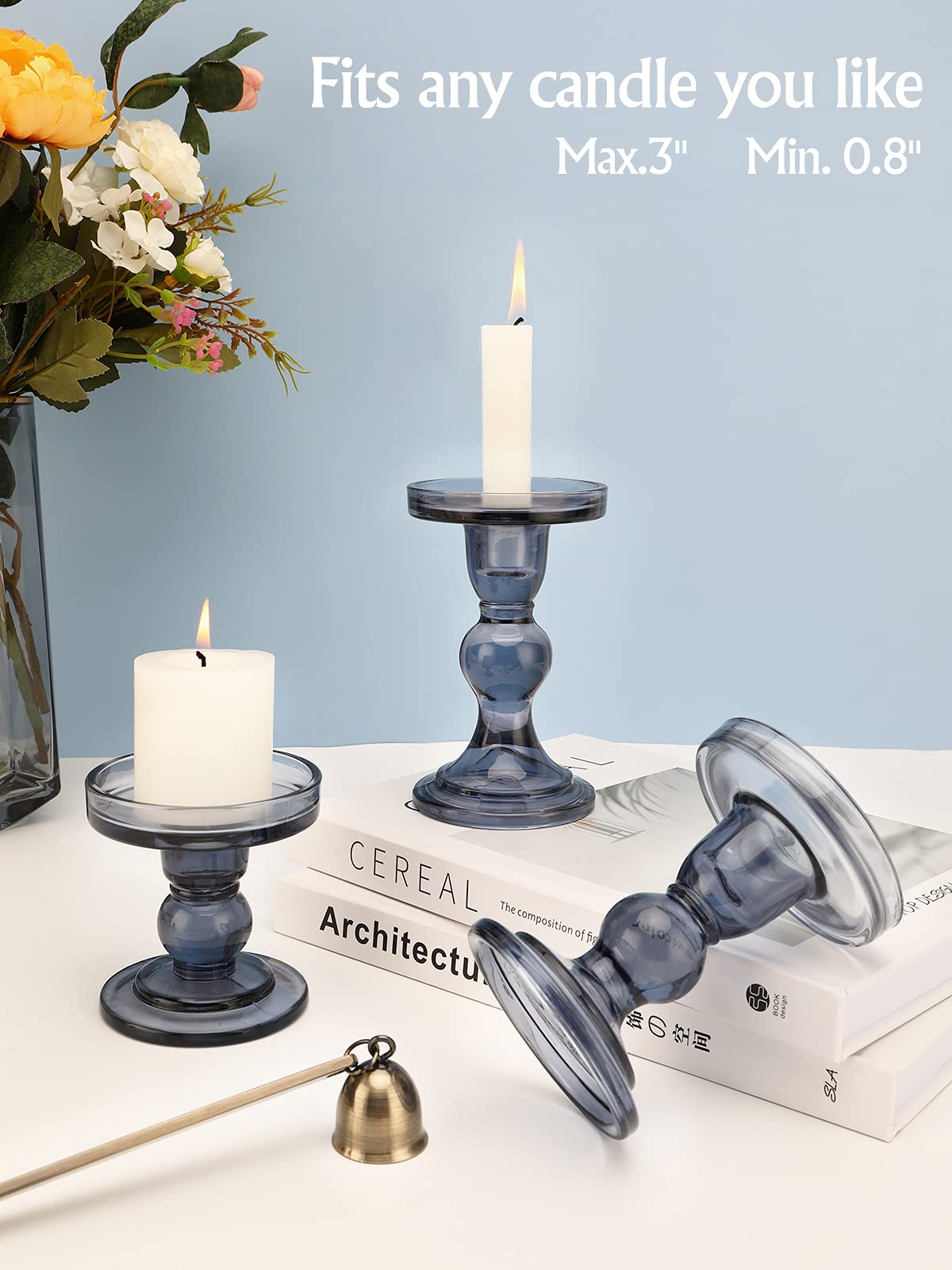 Lewondr Glass Candle Holders, 3 Pieces Crystal Clear Candlesticks with Elegant Design for Pillar Taper Candle and Tea Light, Home Table Living Room Wedding Party Decorations Home Décor - Smoky Blue