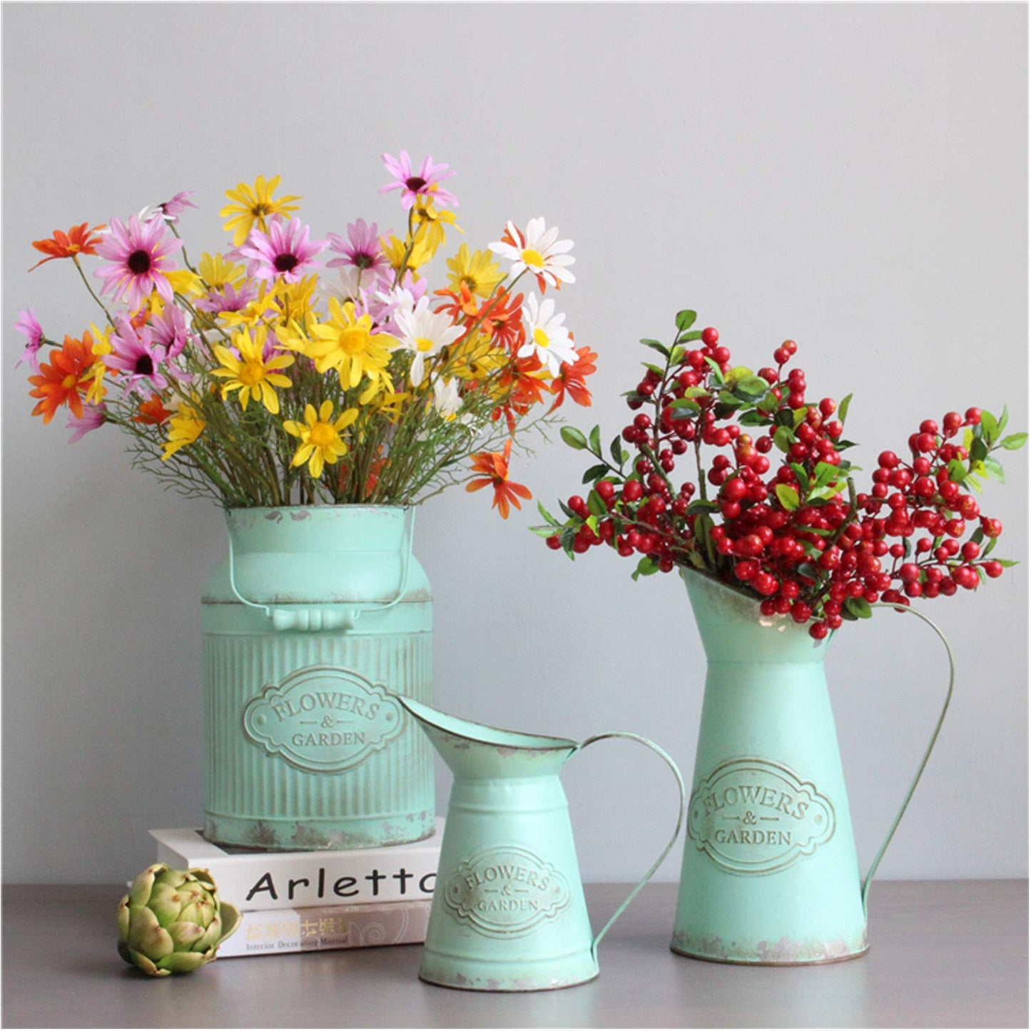 JSY-UP Green Galvanized Metal Farmhouse Flower Vases - Rustic Decorative French Flower Bucket Pots for Wedding Table Centerpiece Decorations, Home Decor