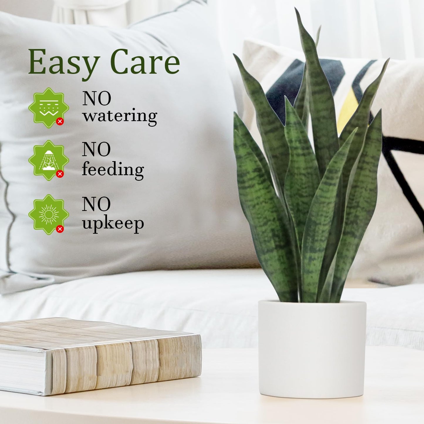 Anewsun Faux Plants, Artificial Snake Plant Set of 2, Faux Snake Plant with Pure White Ceramic Pots, Fake Sansevieria for Home Decor Indoor, Office, Living Room, Housewarming Gifts
