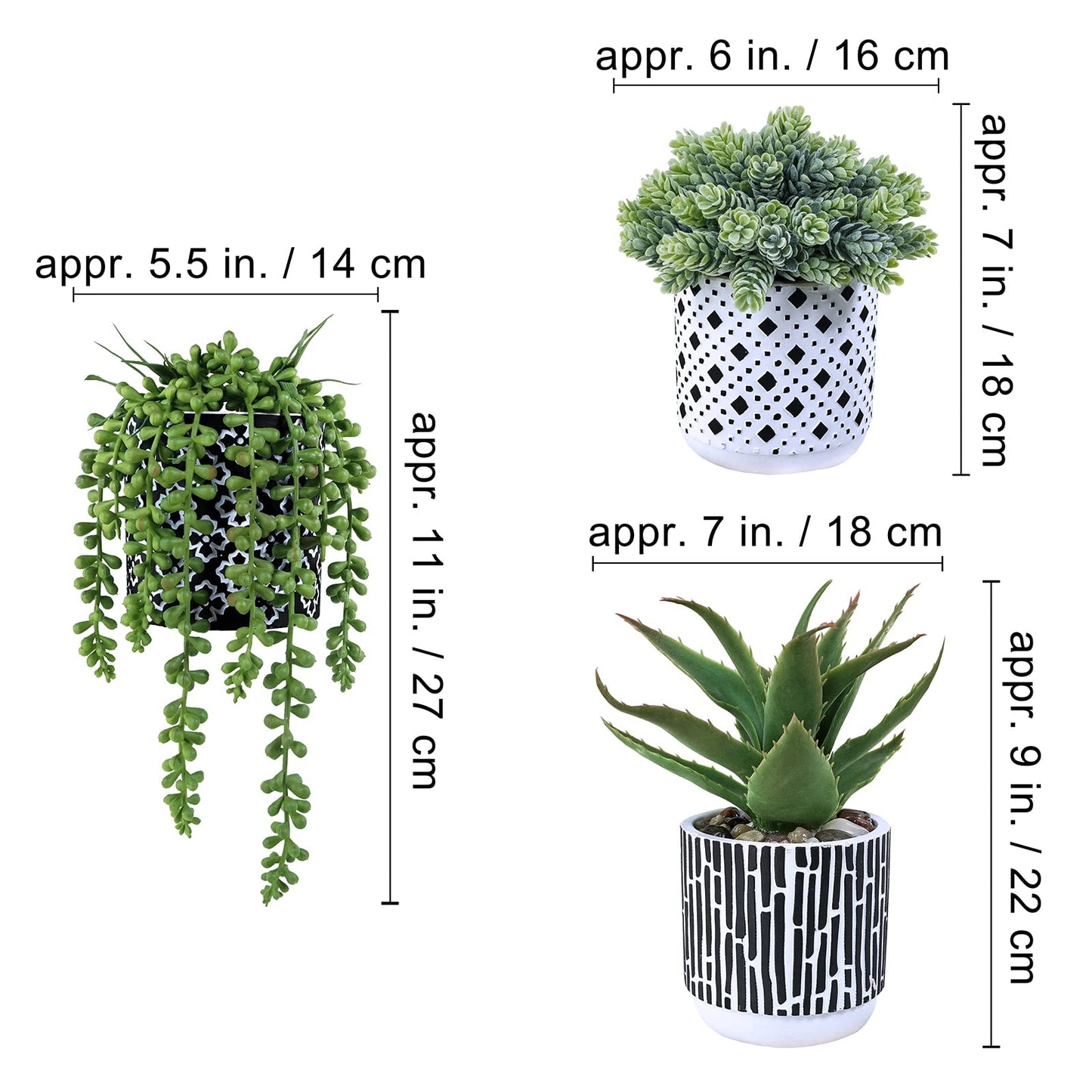 Winlyn 3 Pcs Small Potted Succulents Plants Artificial Aloe Hops String of Pearls Succulents in Black and White Concrete Pots for Gifts Table Centerpiece Shelves Windowsill Indoor Outdoor Decorations
