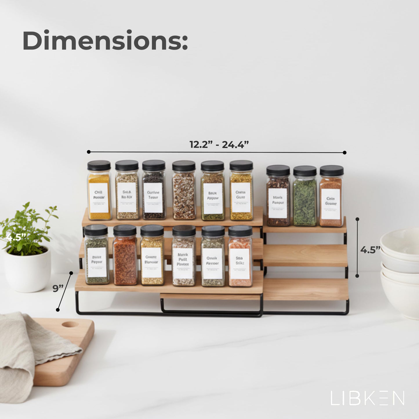 LIBKEN Tiered Spice Rack Organizer – Wood & Metal Countertop & Cabinet Spice Stand, Strong & Sturdy 3-Tier Shelf for Kitchen, Pantry, Seasoning Bottles – Minimal Scandinavian Design - Wood Brown