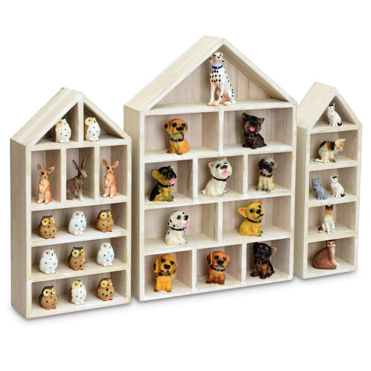 Ikee Design House-Shaped Wooden Shadow Cubby Box Display Shelf Organizer Storage Shadow Box for Mini Figures, Set of 3, Wash White Color, 10 W x 2 1/4 D x 15 H in