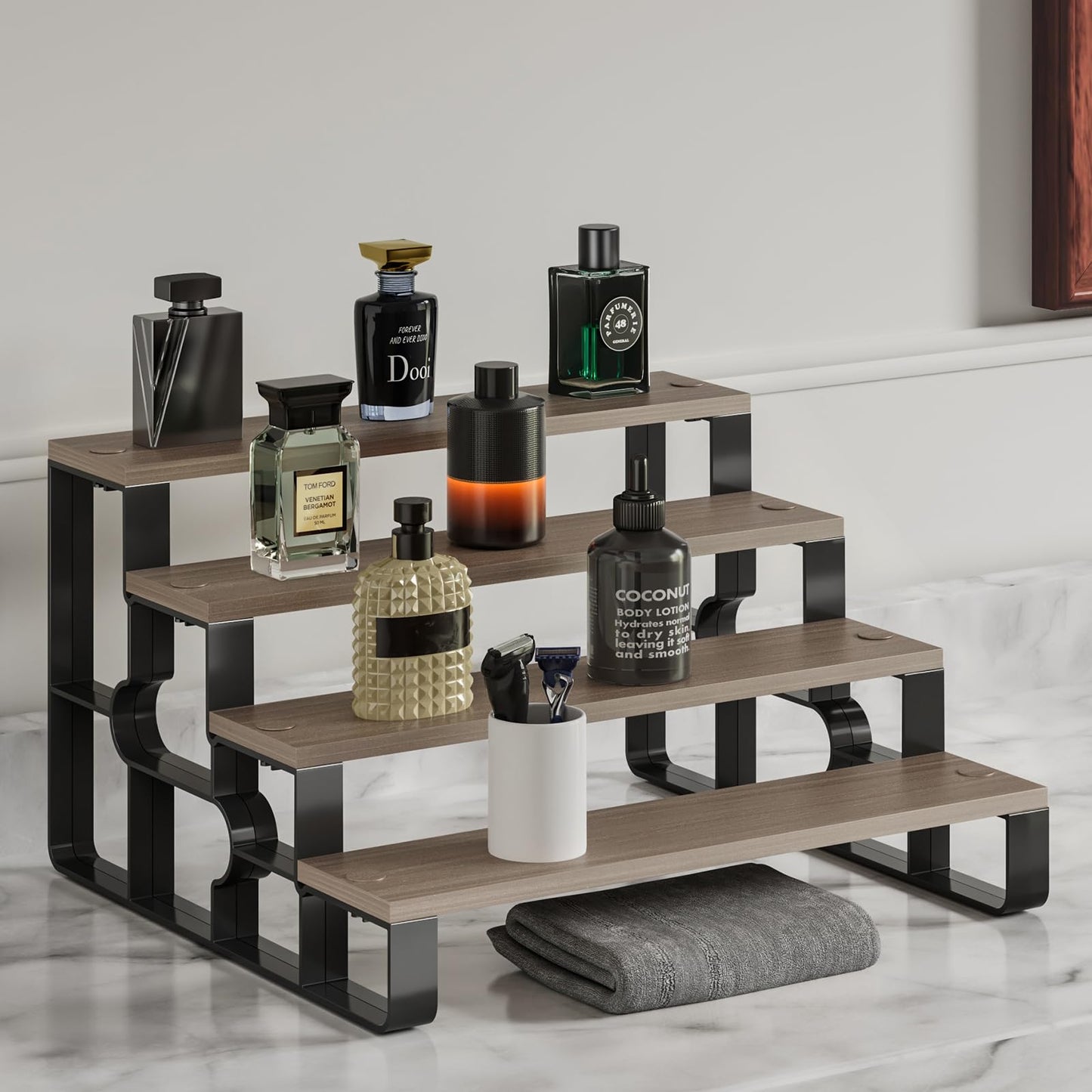 USHARP 4 Tier Cologne Organizer for Men, Wooden Perfume Organizer Stand, Waterproof Display Shelf Rack for Dresser, Vanity, Figures, Cupcake, Dessert Table(Walnut,Width=11.2")