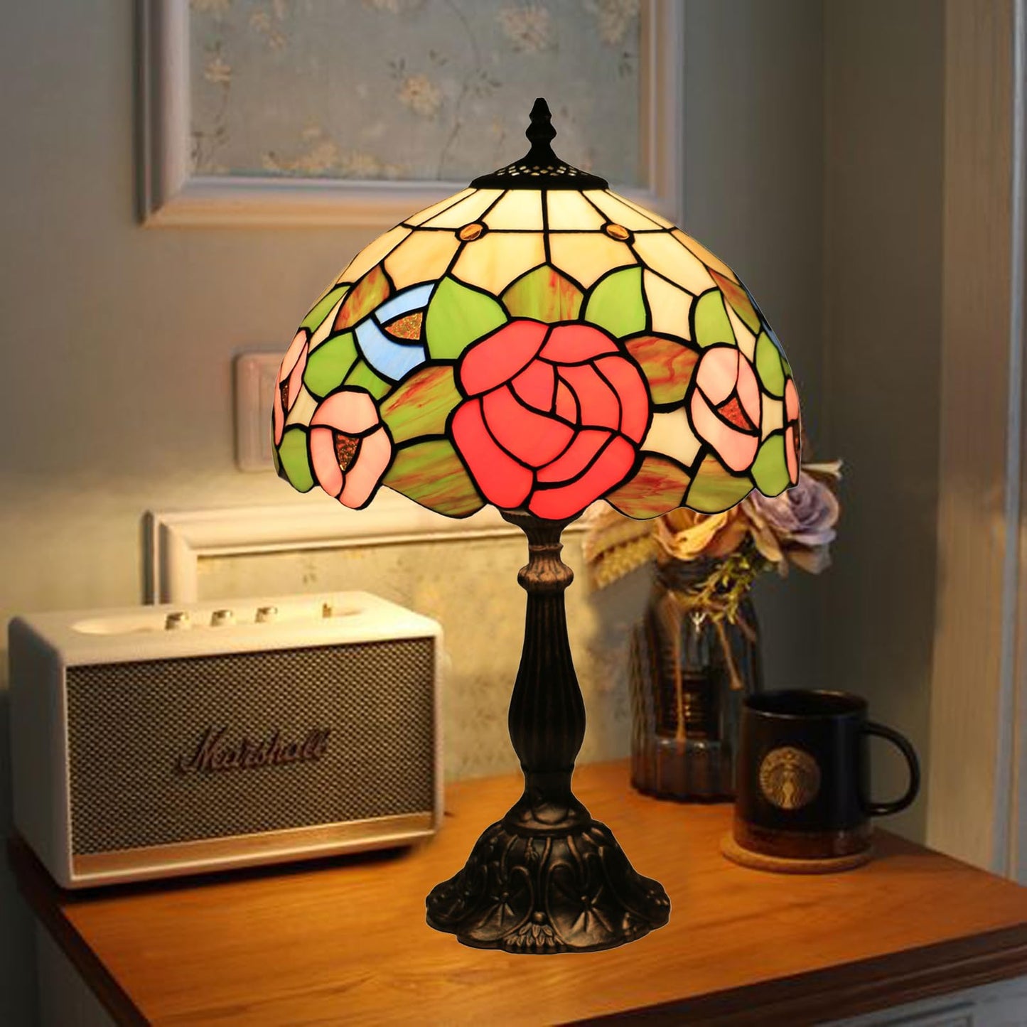 tuomoxte Tiffany Style Table Lamp, Stained Glass Bedside Lamp, Handmade Antique Desk Lamp, Red Rose Pattern, for Living Room Bedroom Home Office, Height 19 Inch, Width 12 Inch, Include LED Bulb