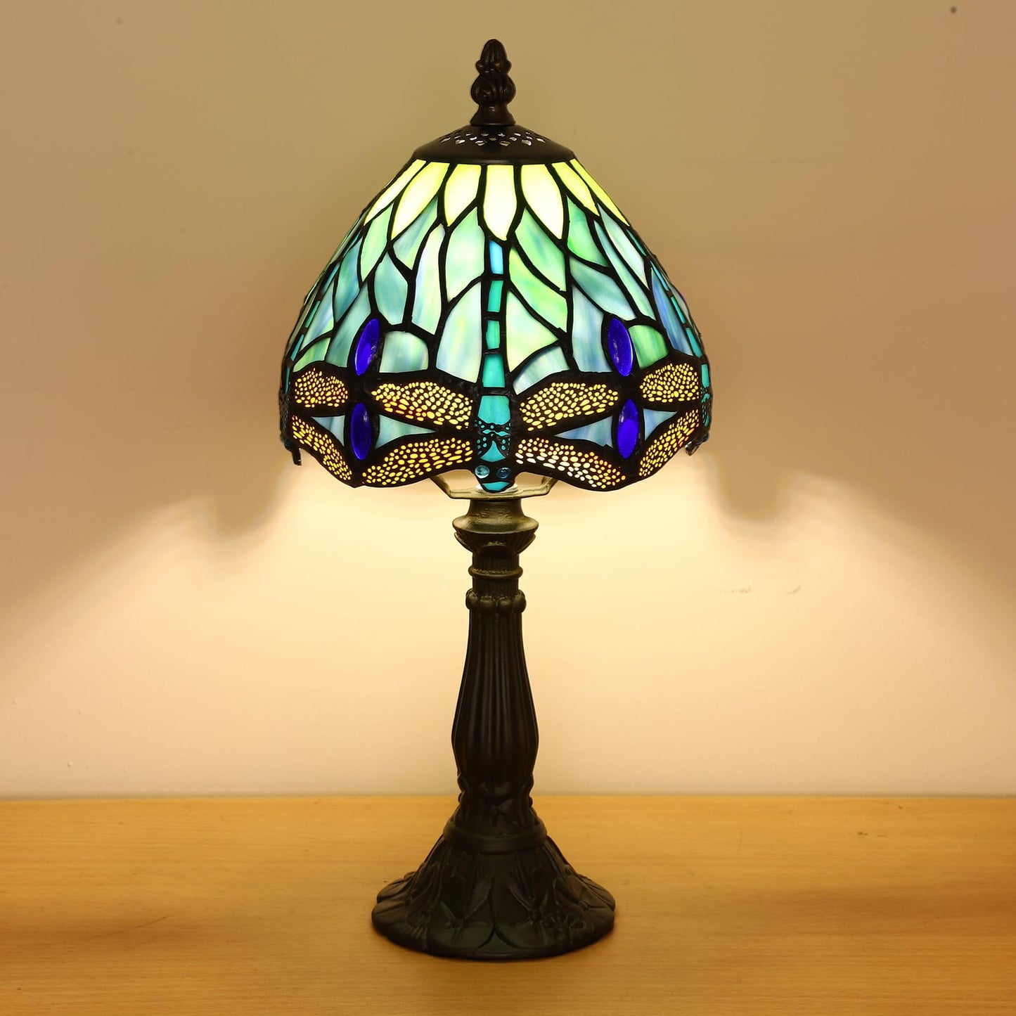 KALOUFUL Small Tiffany Lamp 3 Color Temperature Blue Dragonfly Stained Glass Table Lamps 7X7X14 Inch Bedside Nightstand Night Light Desk Office Light for Living Room Bedroom W/LED E12 Bulb