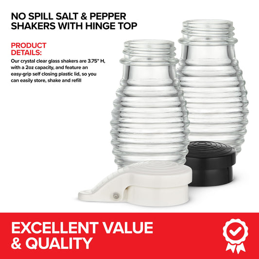 No Spill Salt & Pepper Shakers with Hinge Top, Moisture-Proof Lids- Honeycomb Glass table Salt and Pepper Shaker Set with Airtight, Self Closing Covers for Restaurants, Diners, Home & Cafes