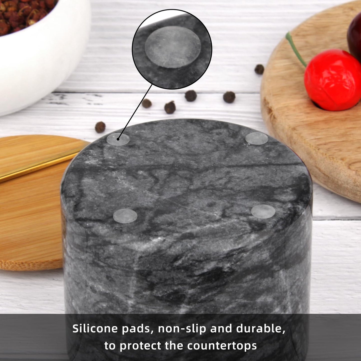 HESHIBI Marble Salt Cellar Box with Bamboo Lid & Metal Spoon, Modern Stone Salt or Pepper Sugar Spice Seasoning Bowl Container Jar Holder Well Keeper Dish Pig Crock for Kitchen (Dark Grey)