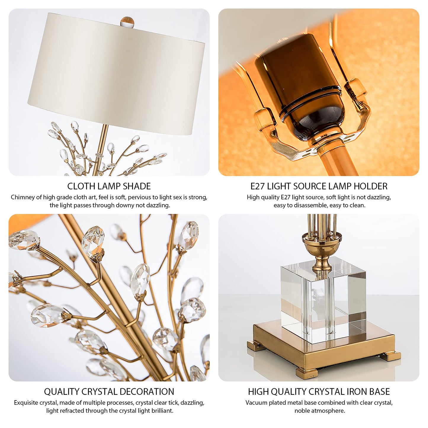 Gold Crystal Table Lamp White Glass Table Lamp with Fabric Lampshade and Crystal Lamp Body Lamp Unique Crystal Table Lamps for Bedroom Living Room Dining Room Bedside