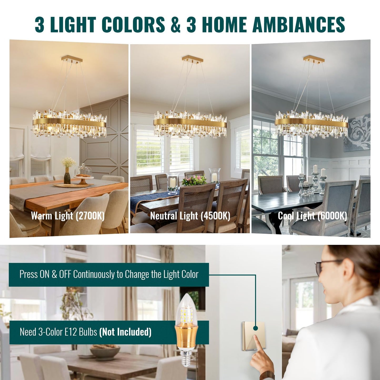 Siljoy Rectangle Gold Crystal Chandelier, 16-Light Modern Dimmable K9 Crystal Raindrop Chandelier, Adjustable Height Oval Crystal Pendant Ceiling Light for Living Dining Room Kitchen L35.4''
