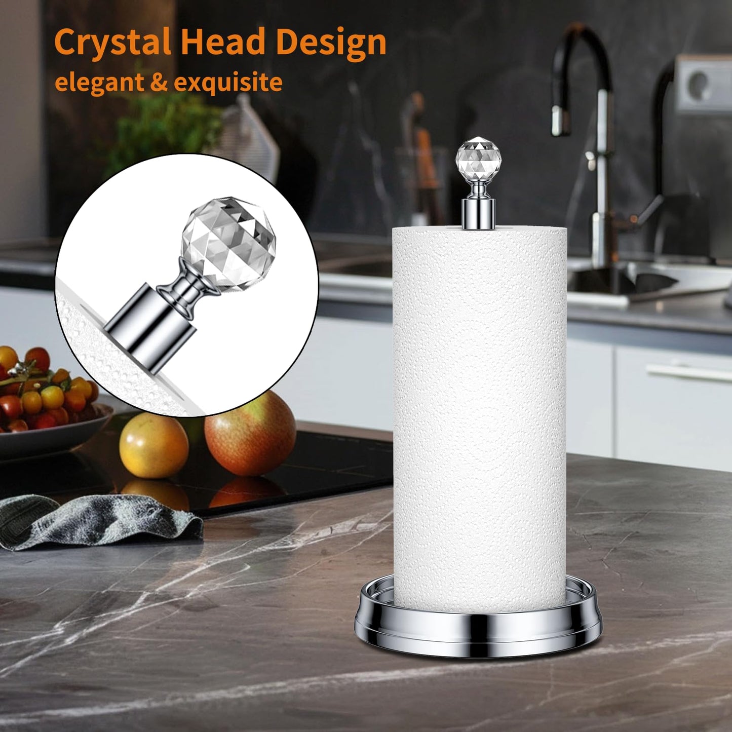 KASUNTO Crystal Ball Paper Towel Holder - Steel Stand for Countertops & Tables, Fits Standard & Jumbo Rolls, Polished Chrome