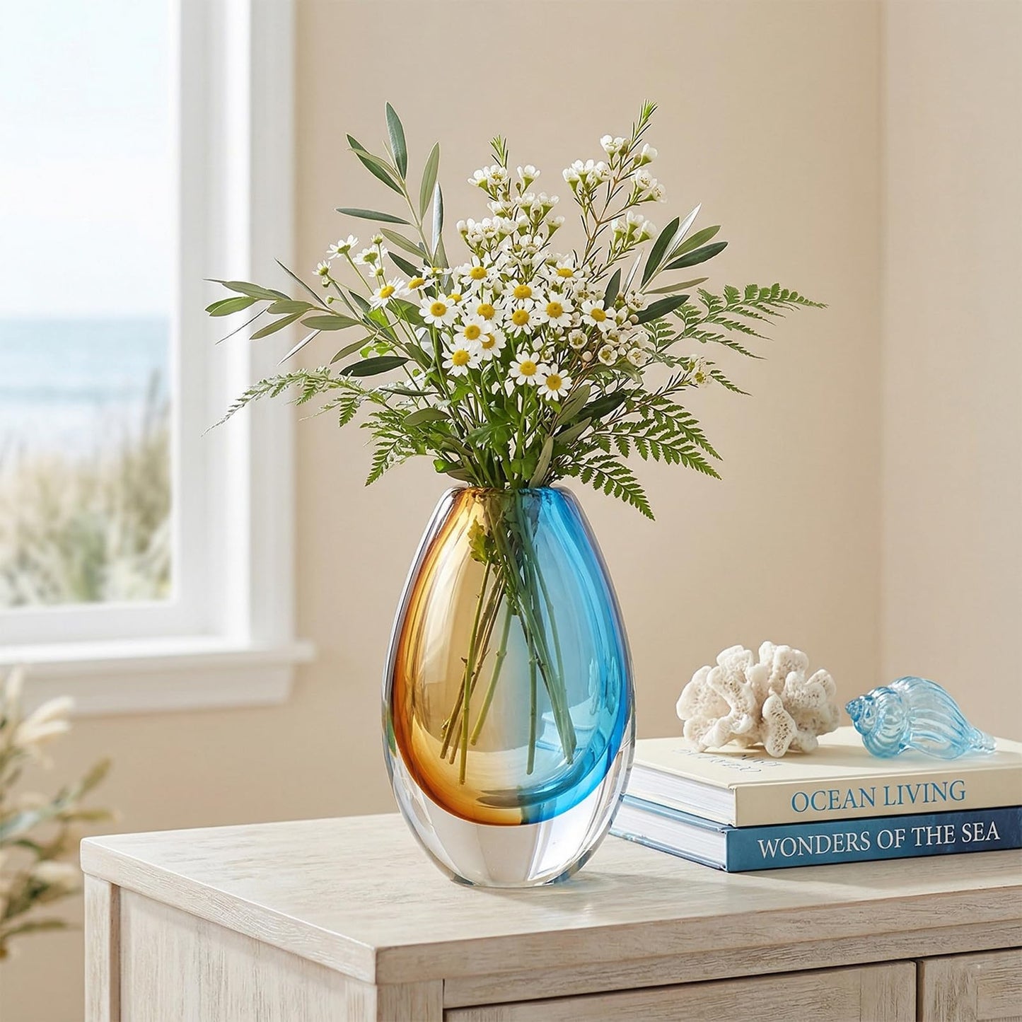 Hand Blown Art Glass Vase, Murano Inspired vase, Amber Blue Decorative Accent with Oval Silhouette for Dining Table, Entryway, Shelf or Mantel Display