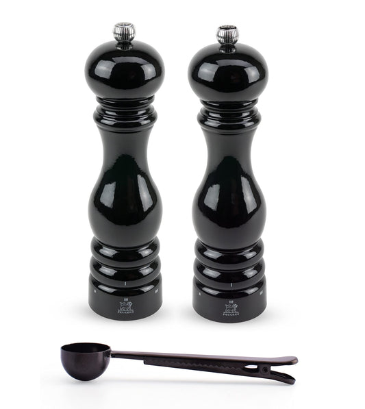 Peugeot Paris u'Select 6 Setting Manual Salt & Pepper Mill Set With Black Stainless Steel Spice Scoop Made In France (Black Lacquered, 9- Inch)