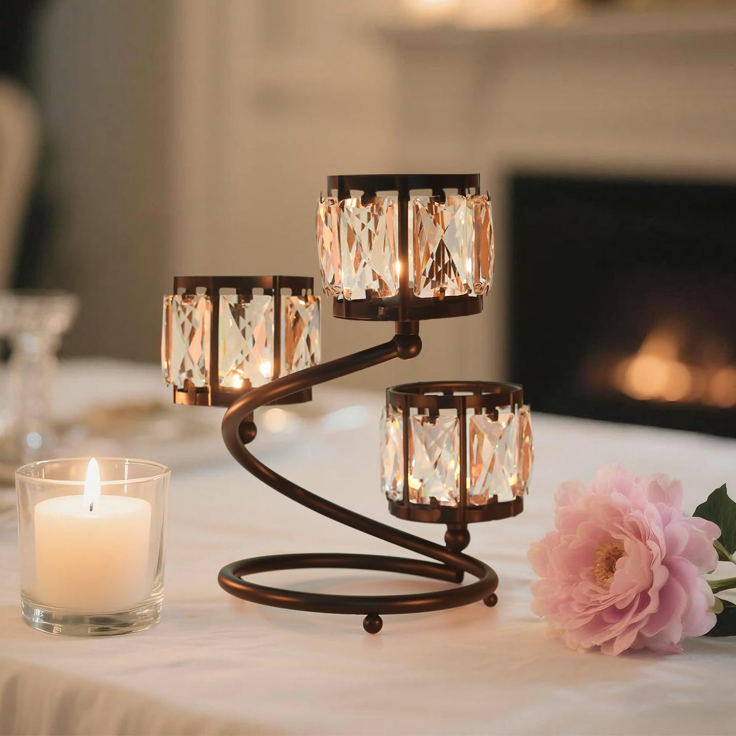 Metal 3 Arm Crystal Candle Holder - Tea Light Centerpiece Candle Holder, Votive Holder with Sparkling Crystal Bowl, Suitable for Wedding, Table Centerpiece, Home Decor (1, 3 arm-Black)