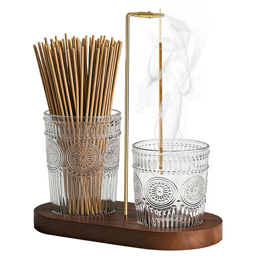 2 in 1 Incense Holder for Sticks, Vintage Glass Upside Down Incense Burner with Removable Ash Catcher & Solid Wood Base, Anti-Ash Flying Catcher for Meditation, Yoga, Spa & Home Decor- Brown