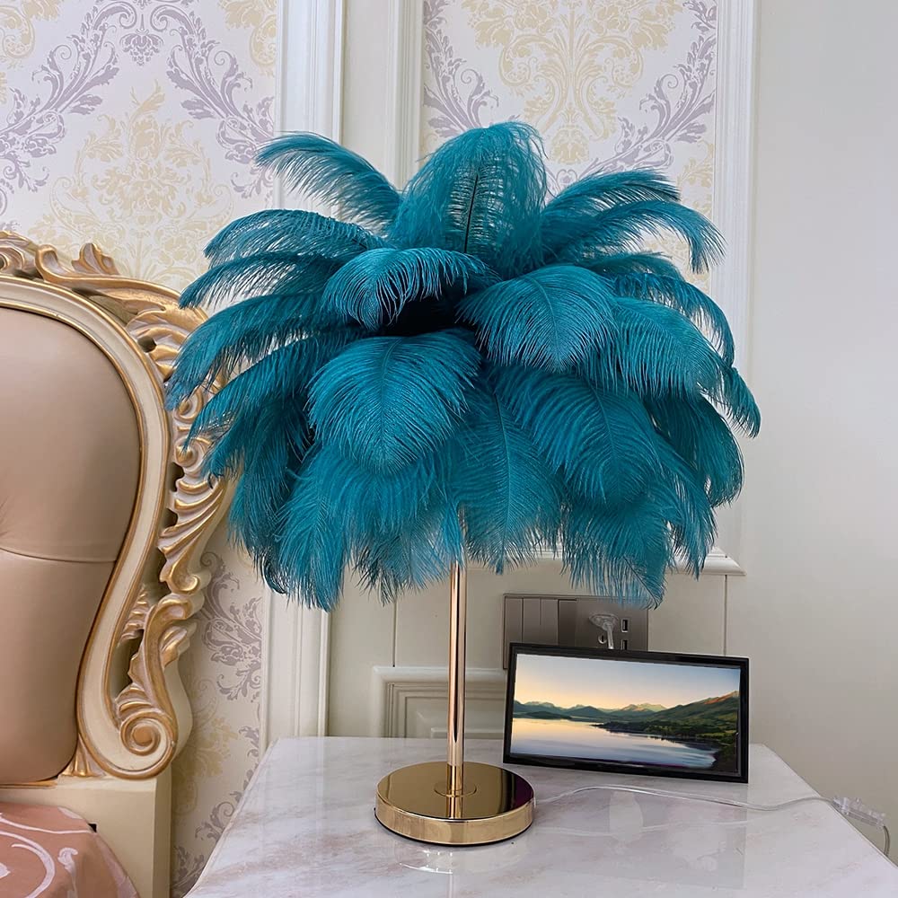 LINCWONZ White Ostrich Feather Lamp,3-Color Temperatures Table Lamps for Girls Bedroom Funky Unique Cute Bed Side Nightstand Gold Desk Light (Blue-Green)