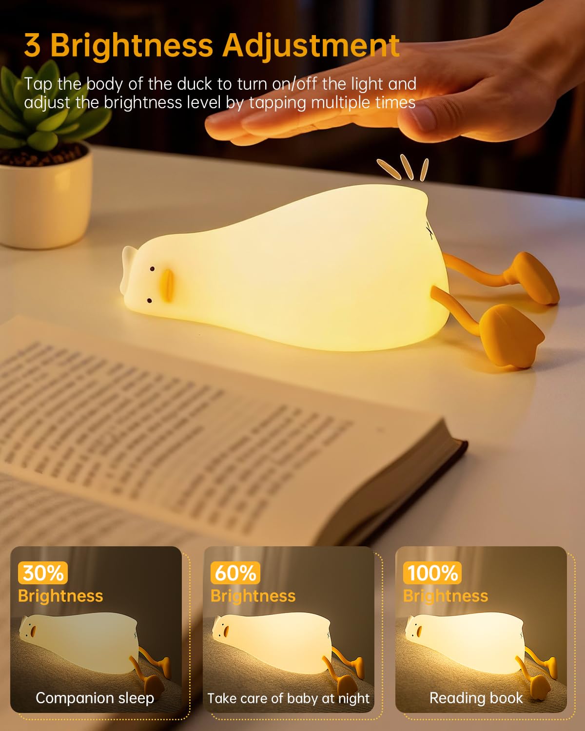 Luditek Laying Flat Duck Night Light, 3 Level Touch Dimmable Rechargeable Beside Nursery Lamp, Squishy Kawaii Stuff Desk Dorm Room Decor, Nightlight for Breastfeeding Baby Kids Girls Gifts