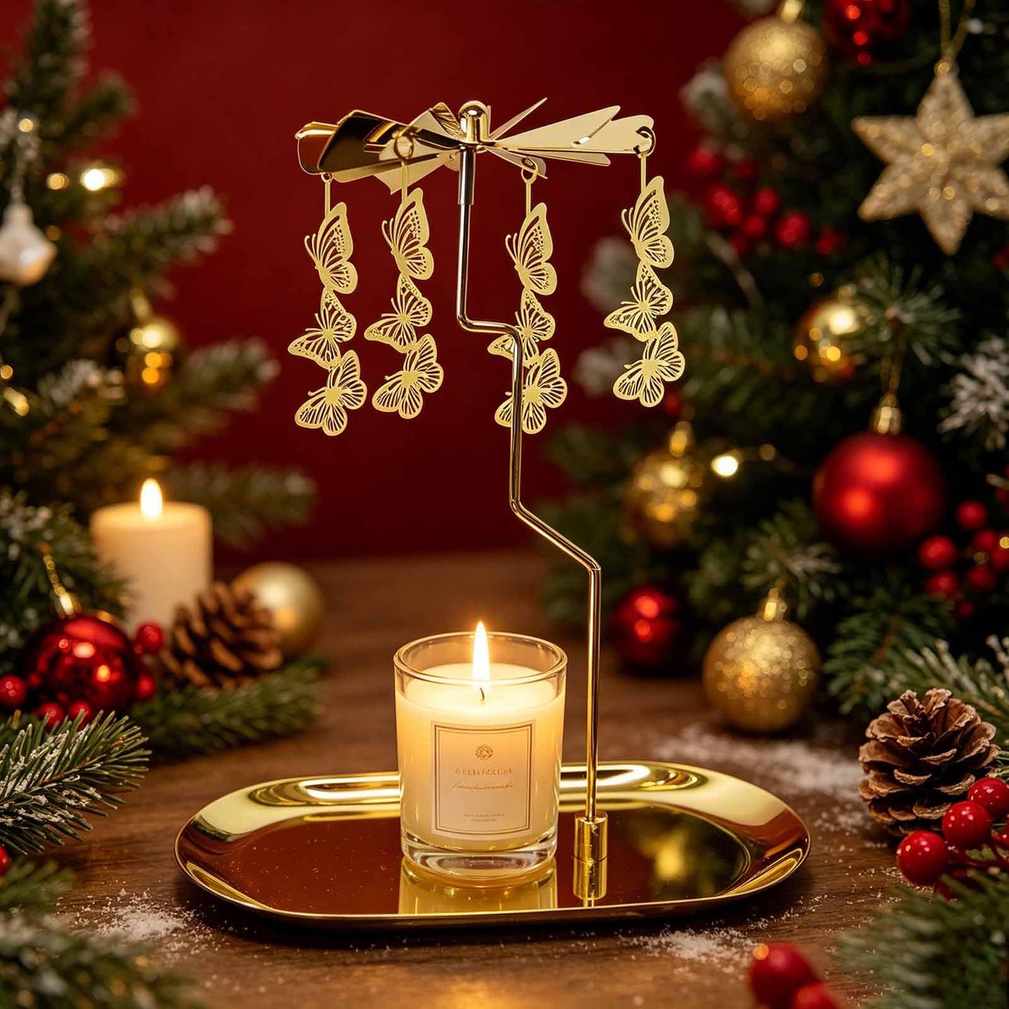 Kingnero Rotary Candle Holder with Tray Spinner Carousel Candle Metal Windmill Tea Light Candlestick for Christmas Valentine's Day Mom Women Wife Children Gift (Gold Butterfly)