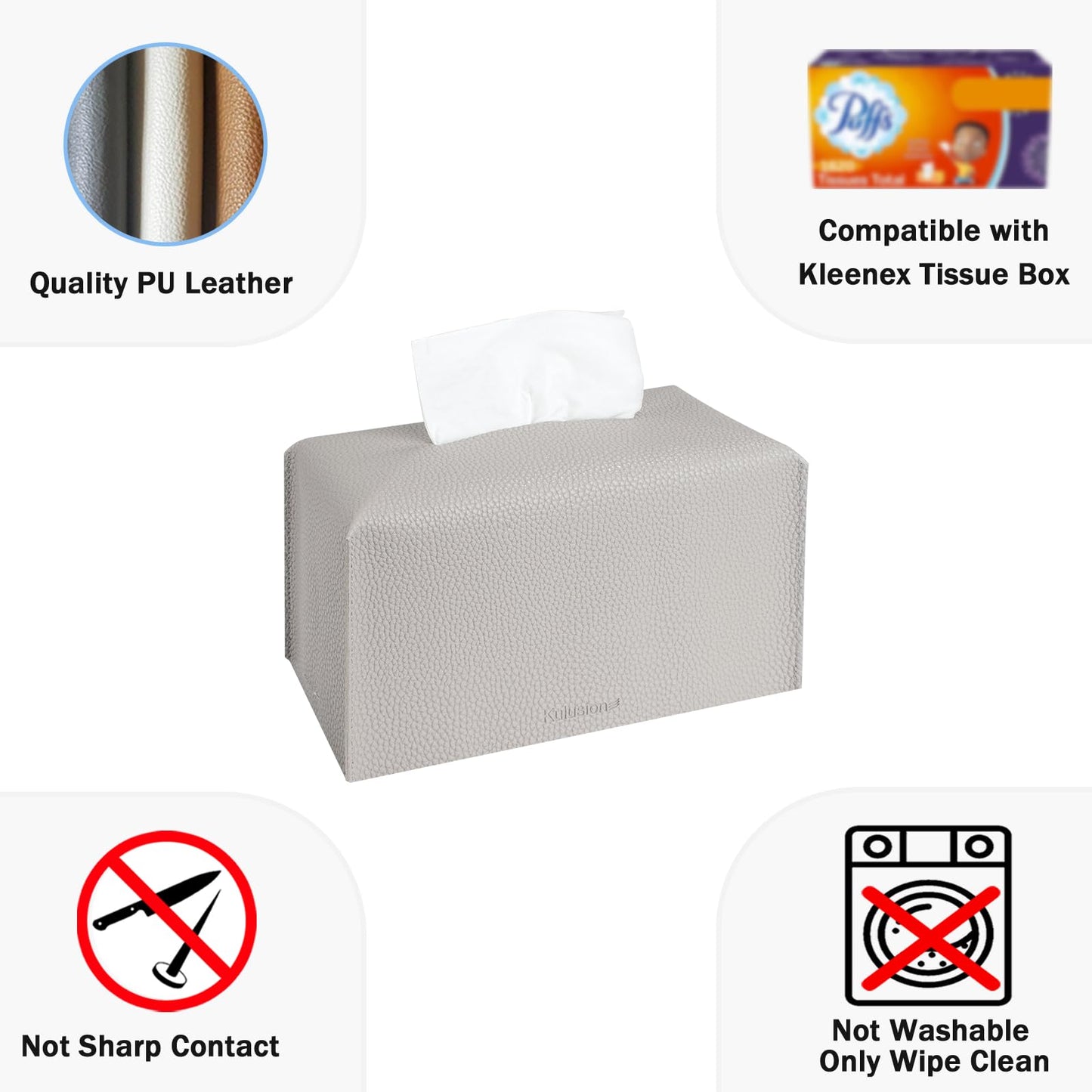 2 Pcs Rectangular Tissue Box Cover, PU Leather Tissue Holder Facial Tissue Case Dispenser for Bathroom, Vanity Countertop, Tabletop, Car, Office,9.5X5X5 Inch - Light Gray
