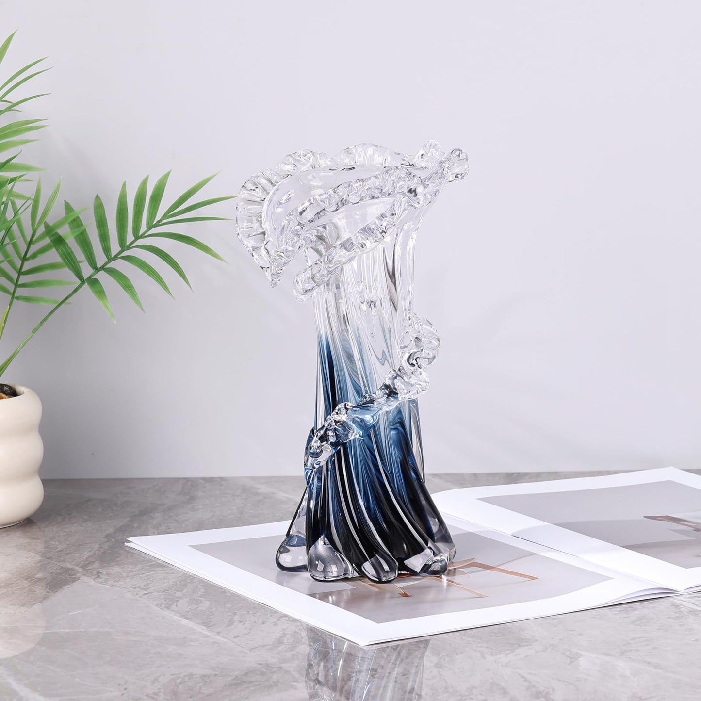 LINYTHER Blue White Clear Wave Vases Gradient, Murano Hand Blown Glass Vase Unique Art Decorative, for Ocean Themed Coastal Home Centerpiece Modern Office Entrance Table Creativity