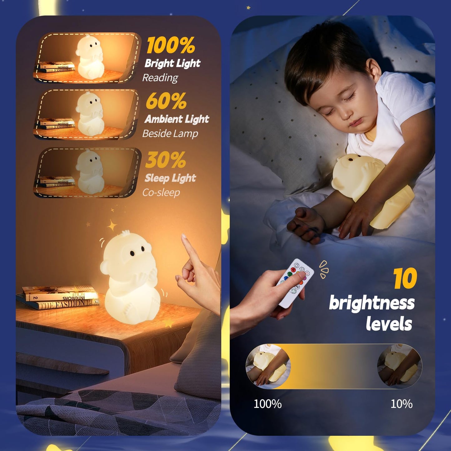 GAGBC Monkey Night Light for Kids, Remote & Tap Control, Color Change, 15/30/60 Min Timer, Dimmble, USB-C Rechargeable Squishy Night Light, Cute Night Lamp for Boys, Girls (Monkey)