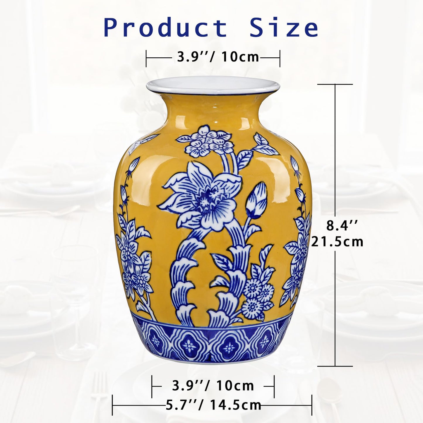 Blue and Yellow Ceramic Vase, 8.4" Tall Chinoiserie Flower Vase Decor with Wide Mouth, Royal-Inspired Decorative Porcelain Vases for Centerpieces, Table, Shelf & Home Decor, Wedding, Housewarming Gift