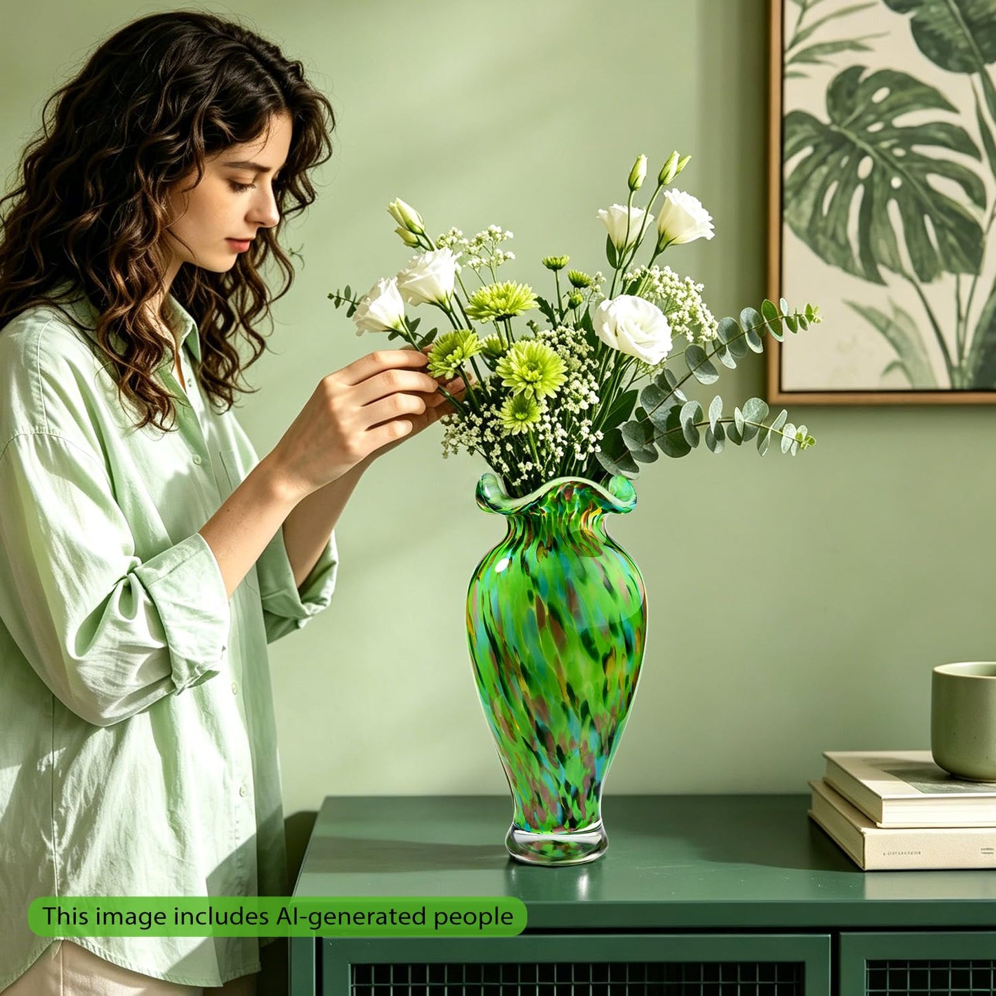 Hand Blown Glass Vase, 12 inch Tall Unique Emerald Green Crystal Flower Vase, Large Art Glass Home Table Centerpieces for Floral Bouquet Decorations