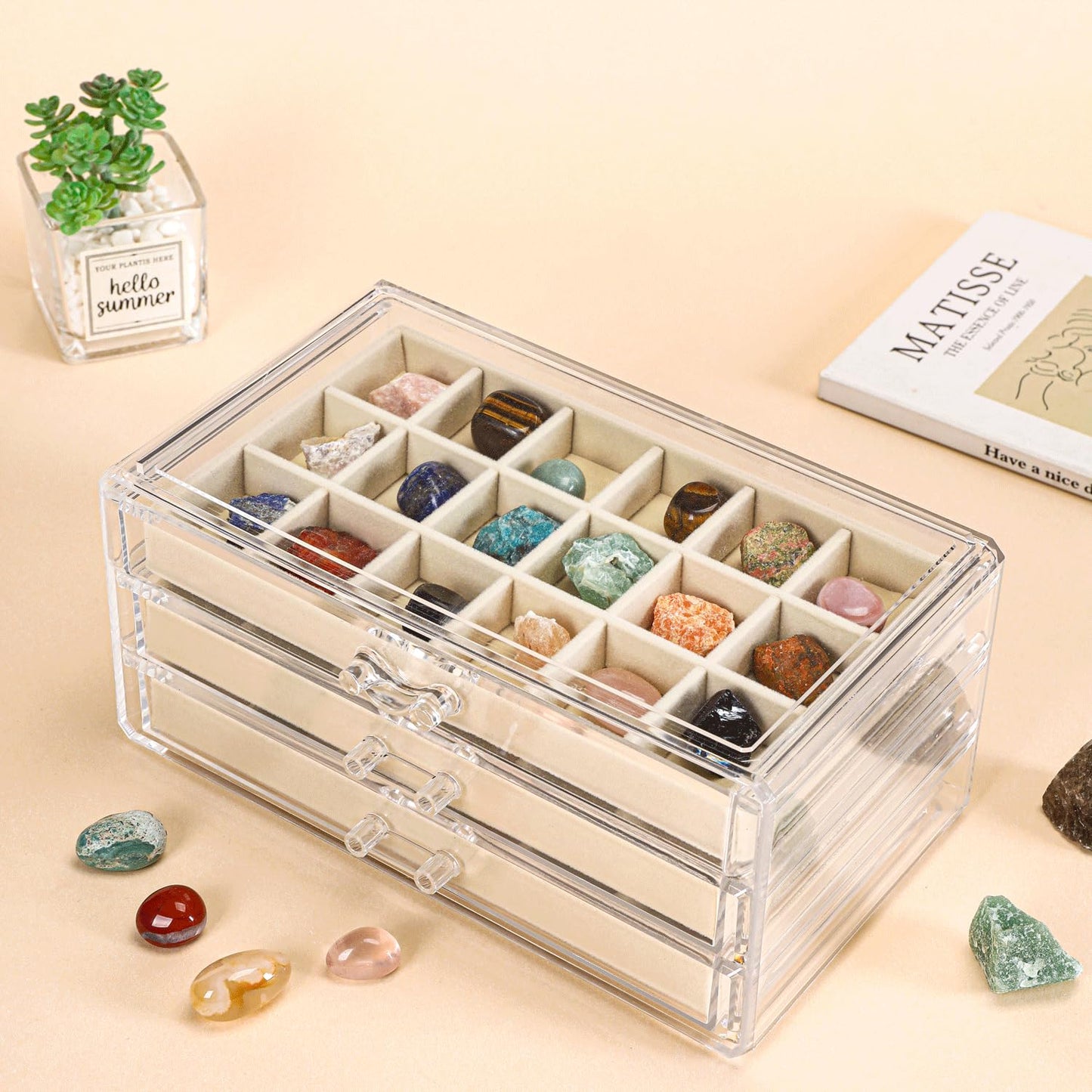 CLUQMEIK Acrylic Rock Collection Display Case with 54 Grids Storage Compartments Rock Collection Boxes Display Organizer Collection Storage Display Cases for Collectibles Crystal /Rock（Beige）