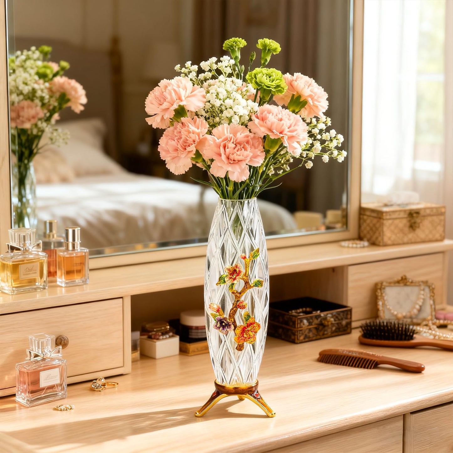 Handcrafted Enamel Crystal Glass Vase | 10-Inch Decorative Begonia Flower Vase for Home, Wedding, and Gift