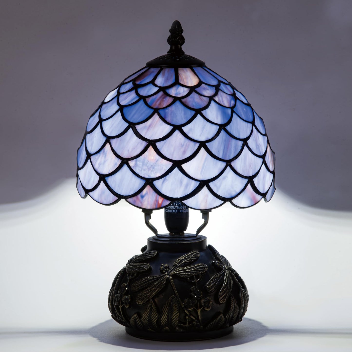 GILGGAK Tiffany Style Table Lamp, Gradient Stained Glass Wisteria Desk Lamp with Antique Bronze Dragonfly Resin Base, Vintage Accent Bedside Light for Bedroom Living Room 8x12 Inch (Blue Fish Scales)