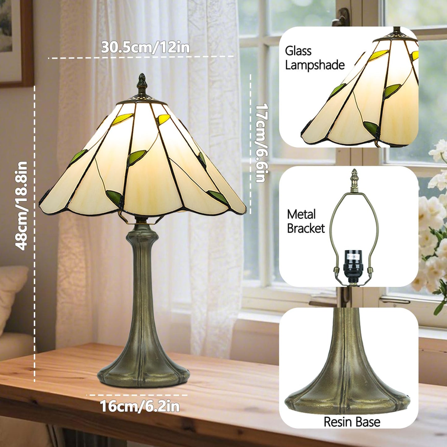 Ppbmocw Tiffany Style Table Lamp, Small Stained Glass Lamp for Bedside, Bedroom, Nightstand, Living Room, 12 Inch Mini Vintage Light Included E26 Bulbs with Remote Control (White with Leaves)