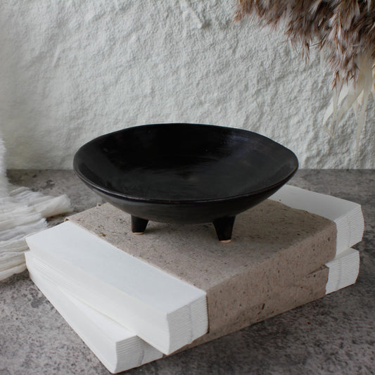 Wabi Sabi Footed Decorative Bowl, Multi-Purpose Small Ceramic Bowl, Vintage Rustic Boho Shelf Table Decor, Natural Black