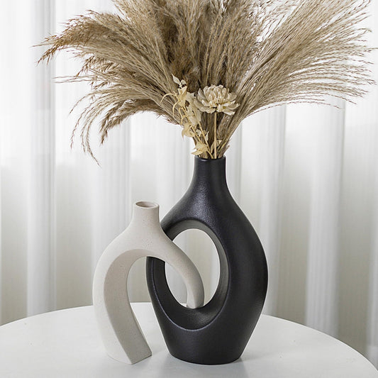 XL Black and Beige Snuggle Hollow Ceramic Vase Set of 2 for Coffee Table Decor, Modern Minimalist Aesthetic Donut Floral Vases, for Home Living Room Entryway Table Shelves Decorative
