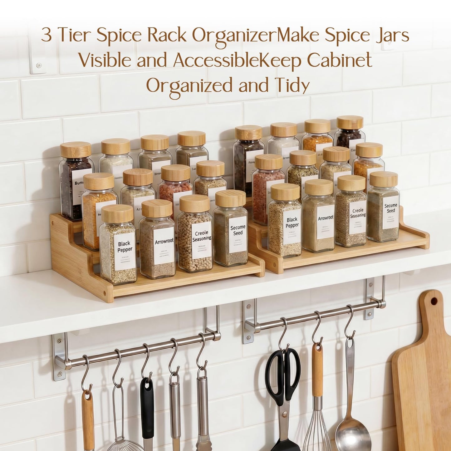 Nurtopia Organizer of Cabinet Special Seasoning, 12in Bamboo 3 Tiered Spice Rack，Used for Kitchen Countertops and Food Storage Room Organizer，Specially Designed for Jars and Spice Bottles (Bamboo, M)