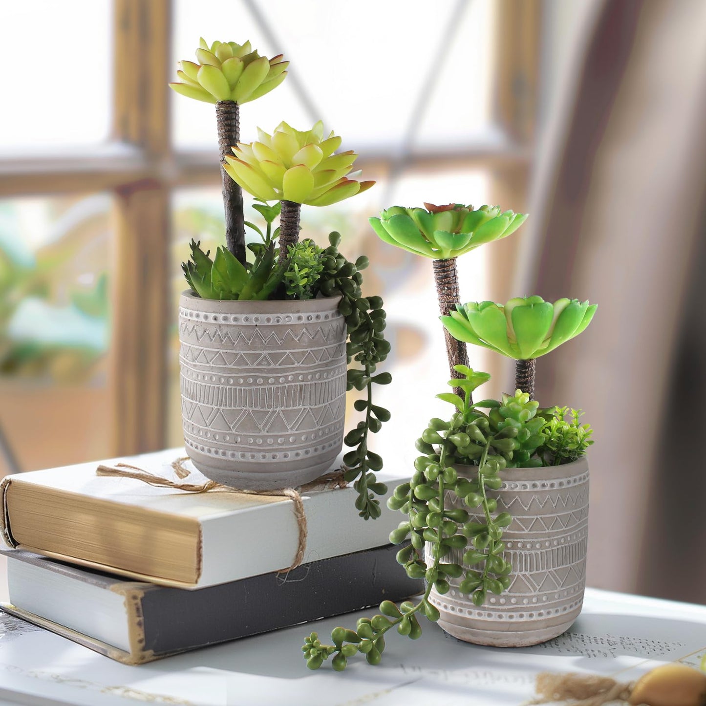 Vnezakl Artificial Succulents 11" Realistic Textured Fake Succulents Faux Plants Aloe String of Pearls Ceramic Potted Greenery for Home Decor Table Centerpiece