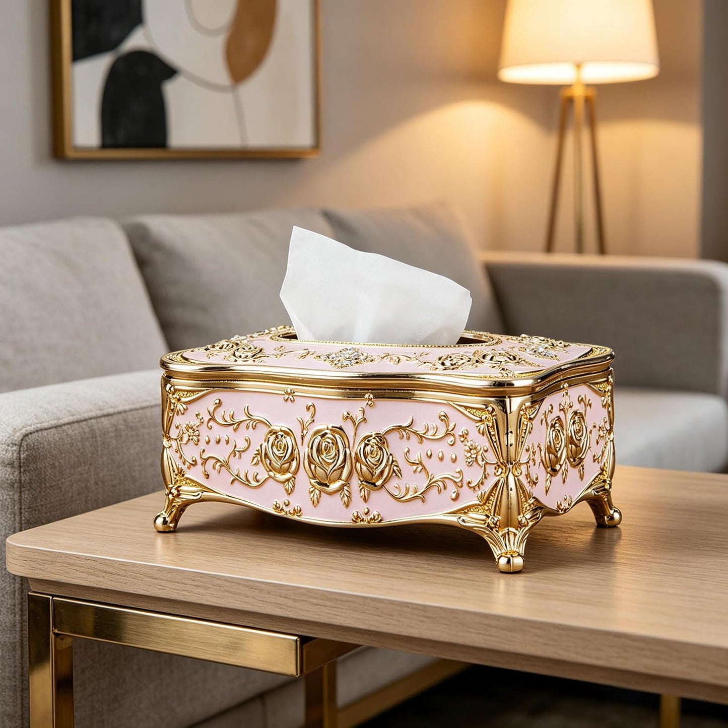 Moorfowl Vintage European Tissue Box Cover Rectangle Rose Pattern Long Tissue Box Holder for Bathroom Vanity Countertop, Bedroom Dresser, Nightstand and End Table (Gold Pink)
