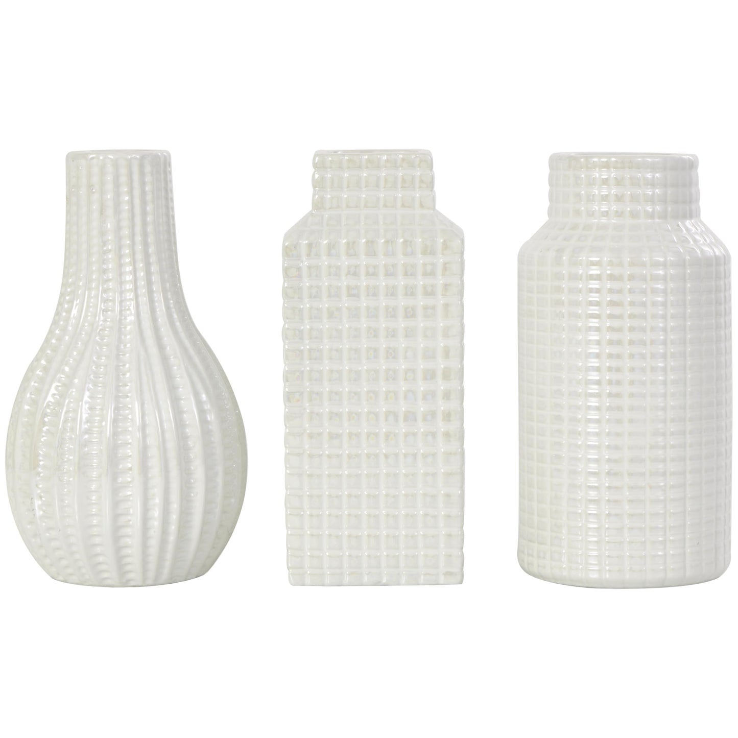 Deco 79 Ceramic Geometric Decorative Vase Dimensional Textured Centerpiece Vases with Varying Shapes and Grid Patterns, Set of 3 Flower Vases for Home Decoration 3" W, 8" H, Cream