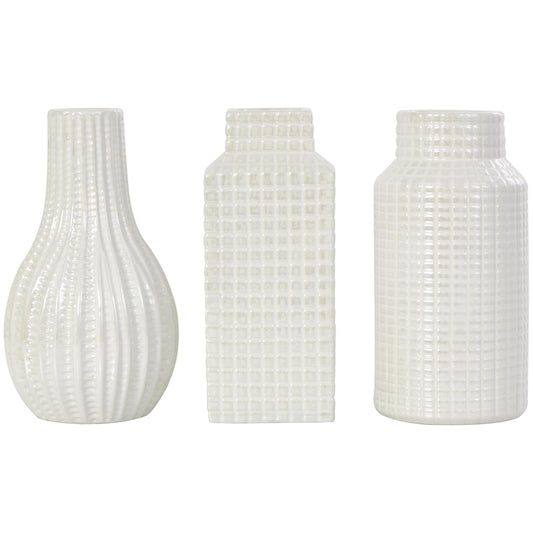 Deco 79 Ceramic Geometric Decorative Vase Dimensional Textured Centerpiece Vases with Varying Shapes and Grid Patterns, Set of 3 Flower Vases for Home Decoration 3" W, 8" H, Cream