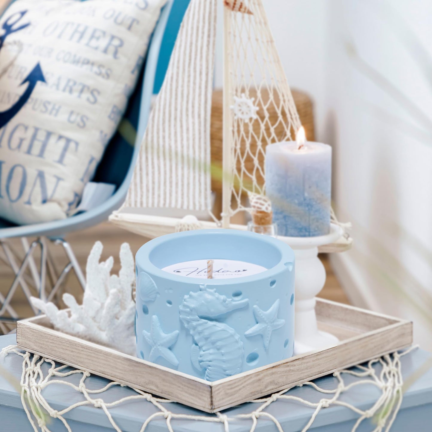 Hodao Oceanic Serenity Handcrafted Aromatherapy Box with Candle & Decor – Beach Rock Sculpture with Sea Turtle, Seashells, for Home, Bathroom, Yoga Room Decor (Blue-Seahorse)