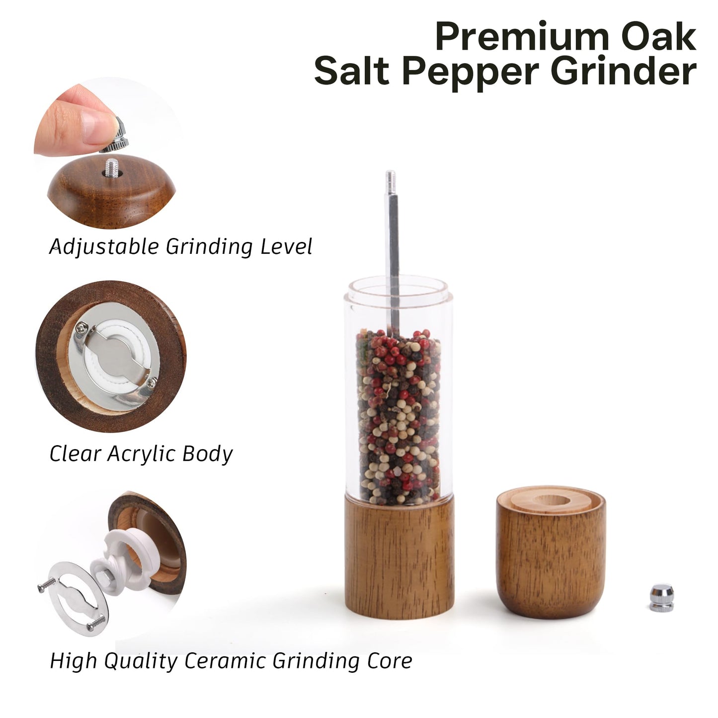 Wood Salt and Pepper Grinder, Manual Premium Acrylic Salt Grinder and Pepper Mill, Oak Wood Shakers with Adjustable Ceramic Grinders, Kitchen Cooking Gifts for Women Mom Men Dad- 8 inches, 1 Pack