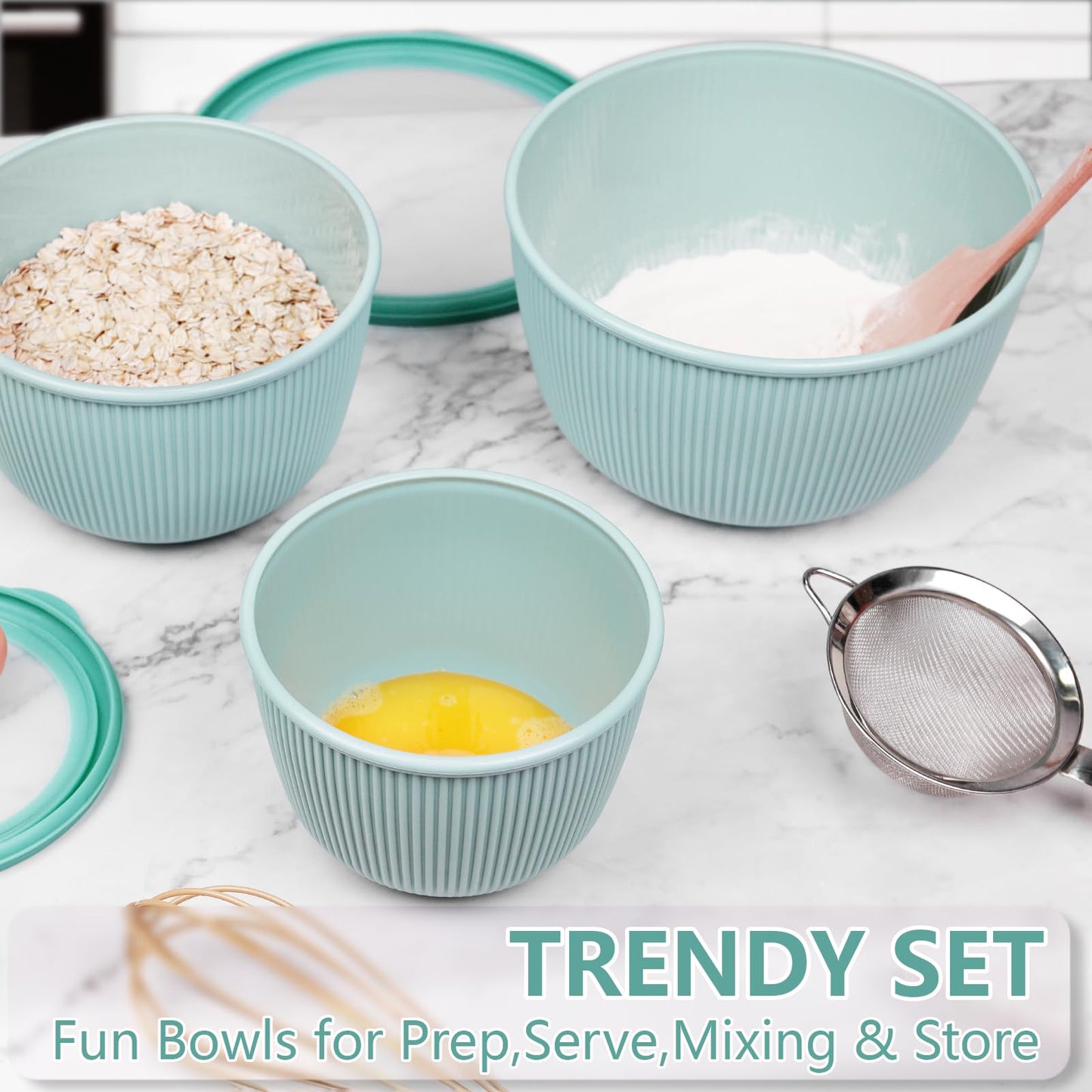 BoxedHome 4.97 Quarts Mixing Bowls with Lids - 8 Piece Plastic Nesting Bowl Set includes 4 Prep Bowls and 4 Lids, Microwave and Dishwasher Safe, Green