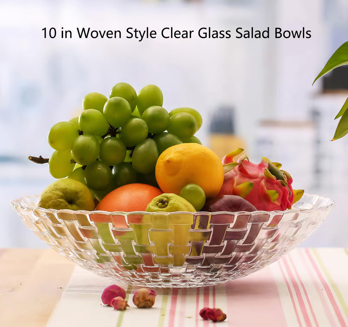 LARYVIN Woven Clear Glass Fruit Bowls Set of 2. Decoration Old Fashioned Glass Plates. 10 inch Large Salad Bowls. Suitable for Fruit, Dessert, Candy, Snack & More.