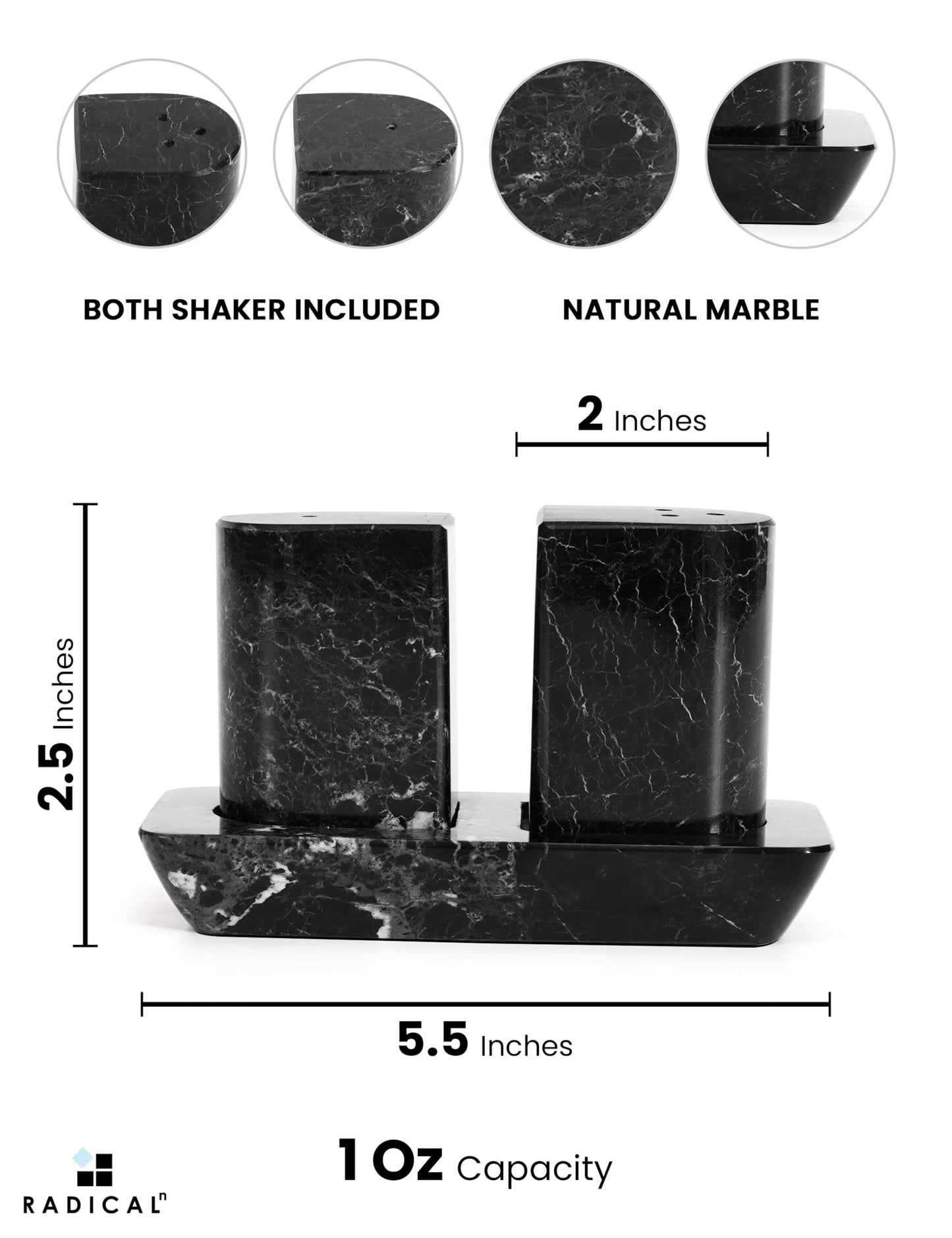 Radicaln Marble Salt and Pepper Shakers – 2.5" Black Handcrafted Stone Spice Set for Kitchen Table, Saleros Pink Salt Holder, Farmhouse Kitchen Decor, Elegant Home Essentials