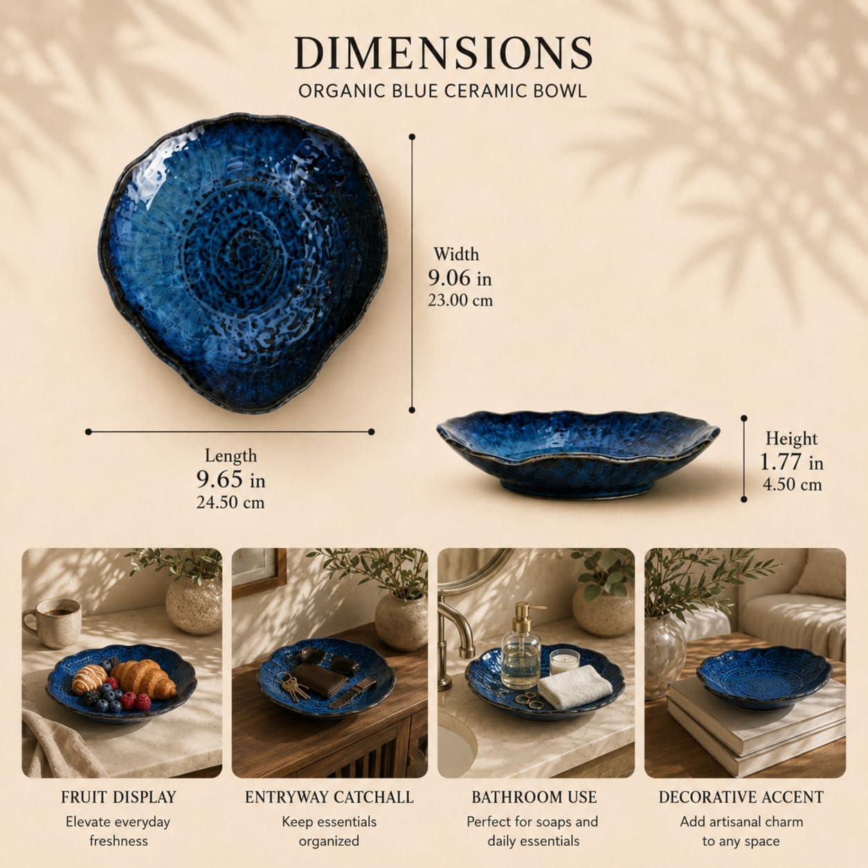 Blue Ceramic Decorative Bowl, 9.65 In Reactive Glaze Style Centerpiece