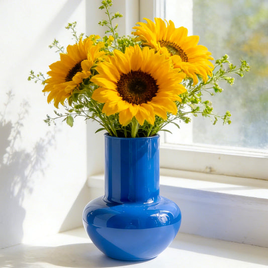 BLOFLO Modern Retro Glass Vase, 7 Inch Bubble Round Bulb Vase, Boho Vintage Home Decor Table Centerpiece for Fresh/Fake Flowers, Ideal Housewarming/Mother’s Day/Birthday Gift (Blue)