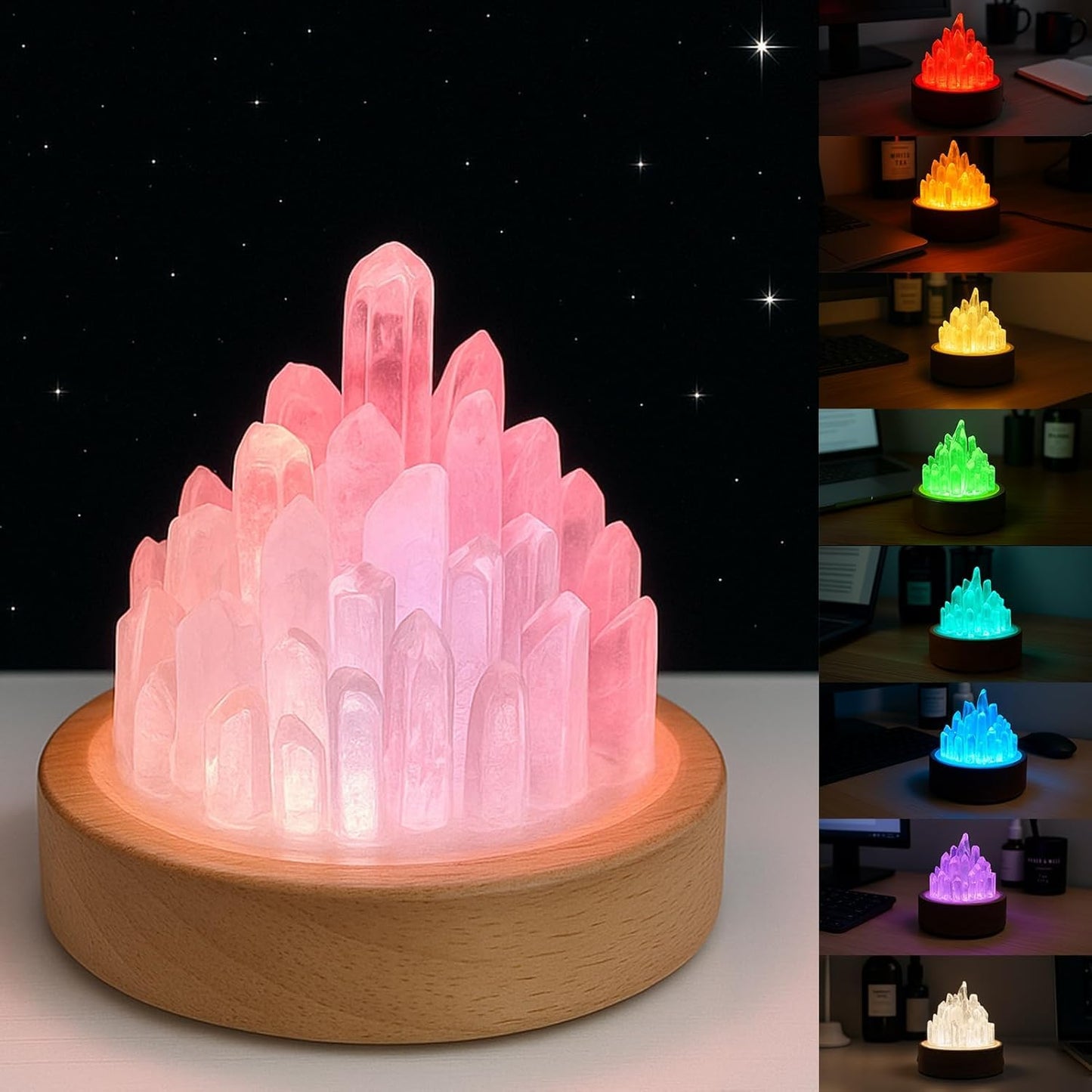 HayBaroda Clear Quartz Night Light - Healing Crystal Night Light Natural Crystal Bedside Lamp with Wooden Base, USB Port, Soft Warm Glow for Bedroom, Nursery, Office & Home Decor