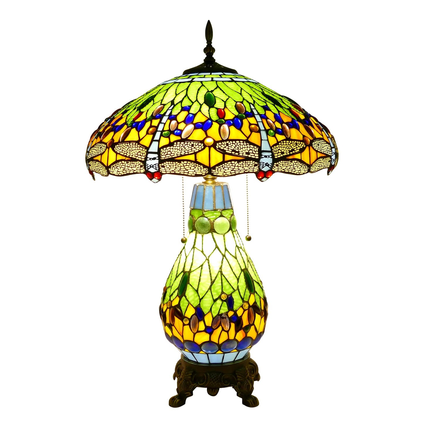 VirtueKing Tiffany Style Table Lamp Green Dragonfly Tiffany Lamp Handmade Stained Glass Lamp 18x18x27 Inches Desk Reading Light for Bedroom Living Room Home Office Decoration, LED Bulb Included