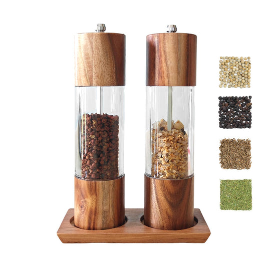 8 Inch Manual Salt and Pepper Grinder Set with Wooden Tray – Vintage Gold Pepper Mill & Salt Shaker, Adjustable Ceramic Core, 2-Pack for Kitchen BBQ Home Gift