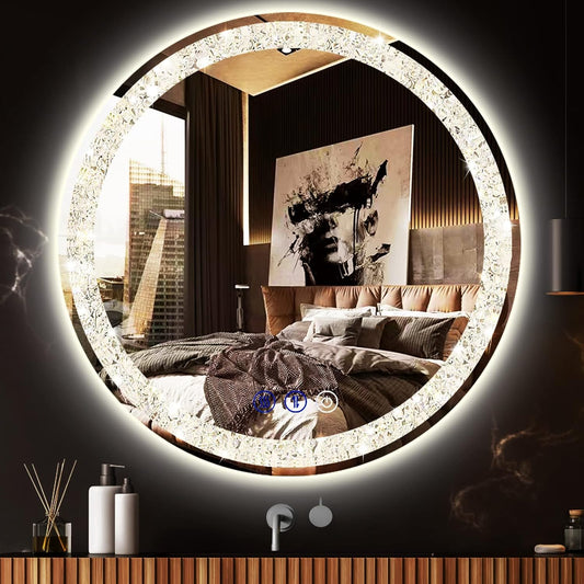 DIDIDADA 24 Inch Crystal LED Round mirror with Lights 3 Color Smart Memory Adjustable Brightness Frontlit AntiFog 24 Diamond Crystal Circle Round Lighted Vanity Mirror for Bathroom Makeup Wall Mounted