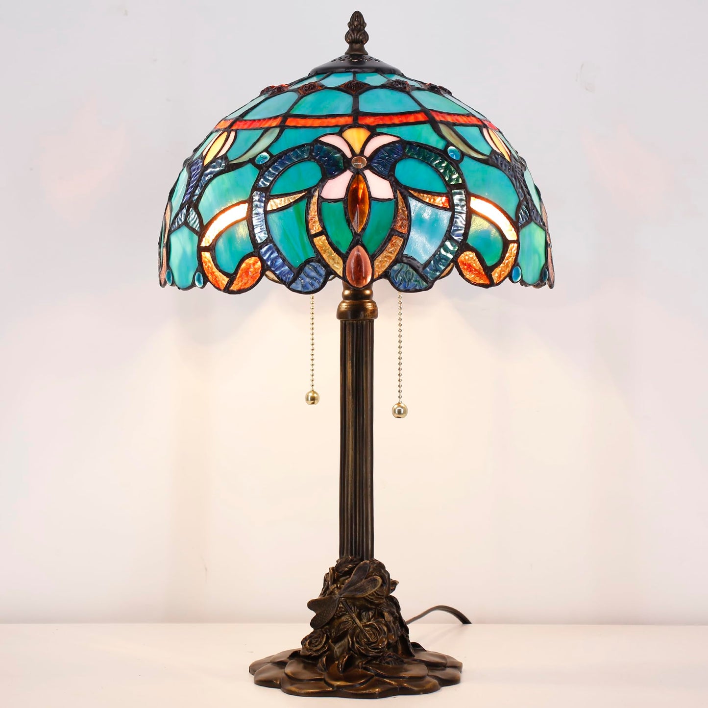 ANYONGLU Tiffany Table Lamp Stained Glass Desk Lamp 12X12X21Inch Resin Base for Bedroom Living Room Reading Light (Brown Jewelry Baroque)
